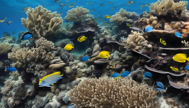 un récif corallien avec beaucoup de poissons tropicaux et de coraux