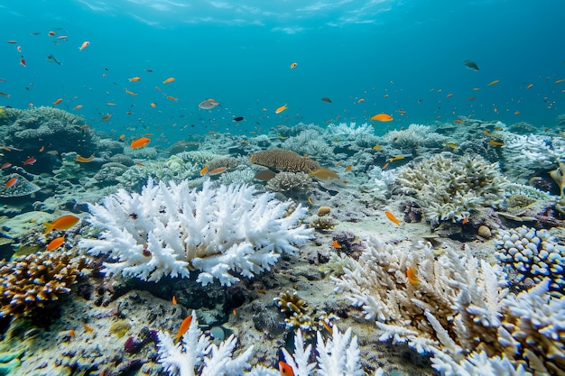 Le récif corallien endommagé par la pollution Le corail est blanchi et meurt et il y a des poissons qui nagent autour de lui