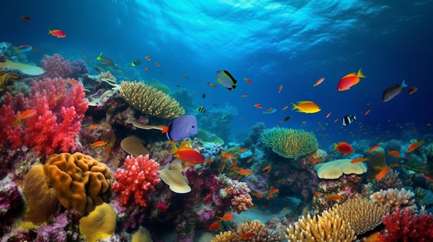 Un récif corallien avec des poissons et un fond bleu