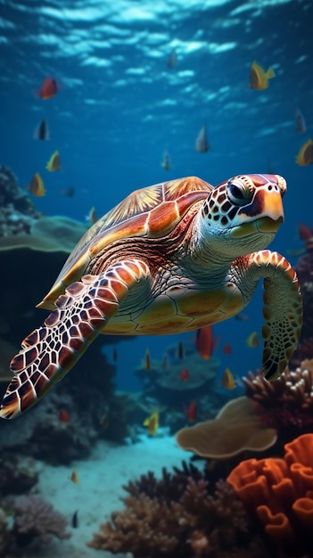 récif corallien sous-marin avec vie marine colorée de poissons et de tortues