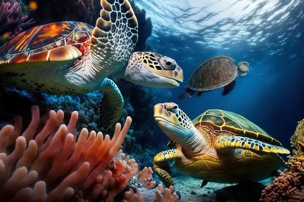 Récif corallien avec tortues de mer sauvages et poissons océan tropical vie sous-marine IA générative