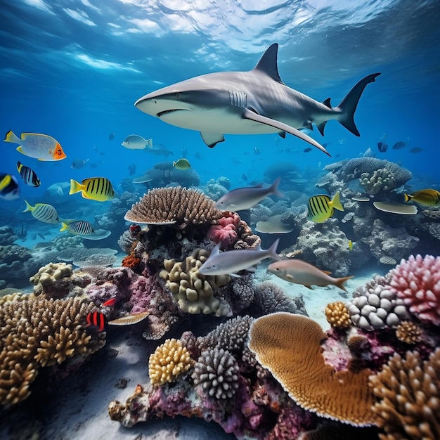 Récif avec une variété de coraux durs et mous Requin en arrière-planAi