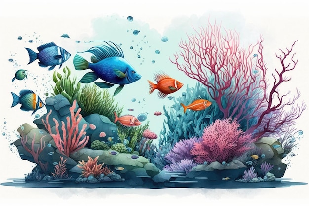 Récifs coralliens jardins d'anémones de mer et poissons tropicaux Imagination à l'aquarelle