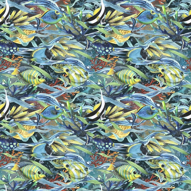 Récifs coralliens avec vagues d'algues d'eau poisson éponges de mer bulles Illustration aquarelle Modèle sans couture sur fond sombre de la collection de POISSONS TROPICAUX Pour les textiles de papier peint en tissu