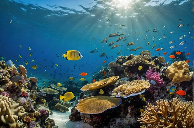 Photo des récifs sous-marins avec diverses espèces de poissons