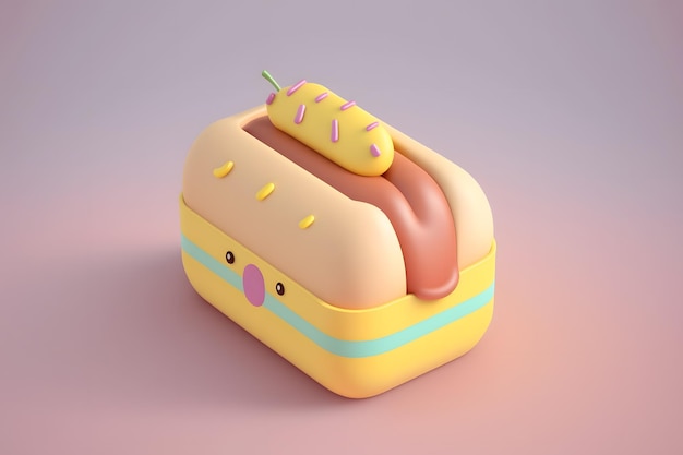 Un récipient alimentaire de style dessin animé avec un hot-dog sur le devant.