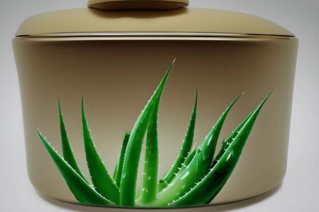 Photo récipient de crème cosmétique avec des feuilles d'herbes vertes d'aloe vera