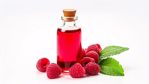 Un récipient d'huile aromatique de framboise sur une surface pâle