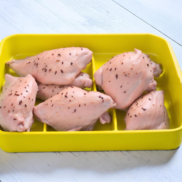 Un récipient jaune avec du poulet dedans et un poivre noir sur le côté.