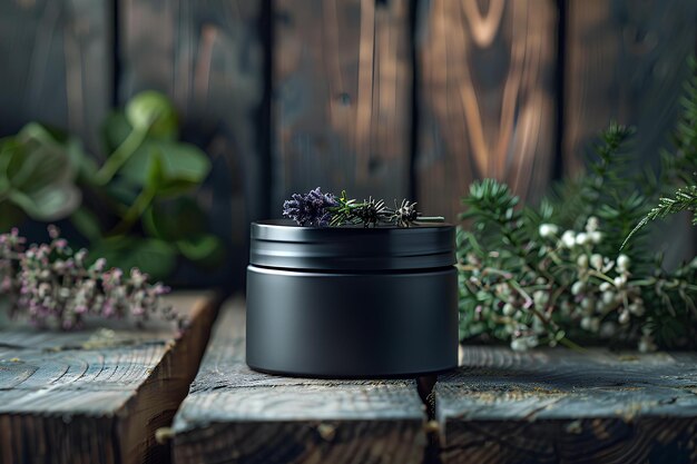 Un récipient noir avec une plante à l'intérieur sur une table en bois à côté d'un planteur et d'une clôture en bois