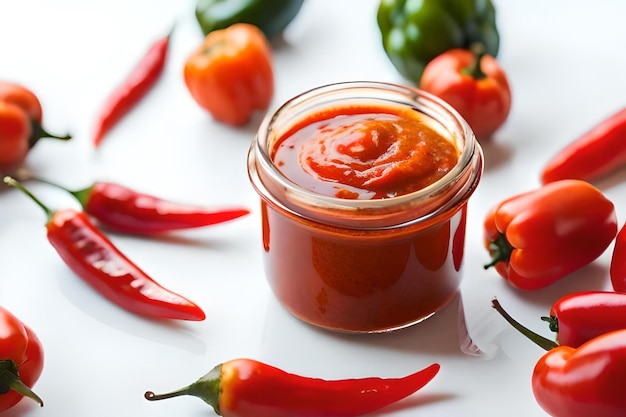 Photo un récipient de piments rouges avec un bocal en verre de sauce piquante.