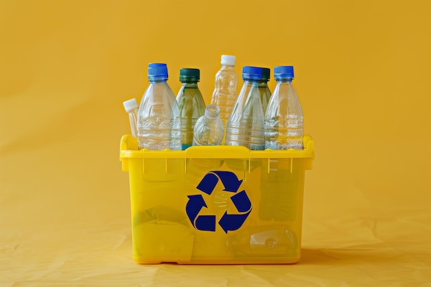 Un récipient en plastique jaune rempli de bouteilles d'eau.