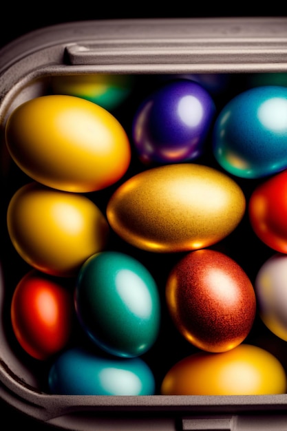 Un récipient rempli de beaucoup d'œufs de couleurs différentes