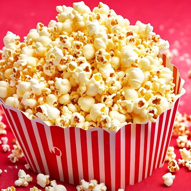 Un récipient rouge et blanc de pop-corn avec du pop-corns à l'intérieur.