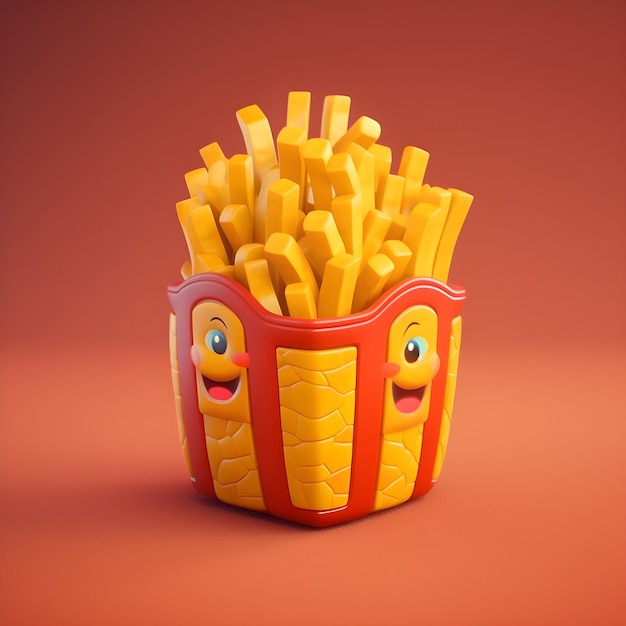 Un récipient rouge et jaune de frites avec des yeux et un sourire sur le visage.