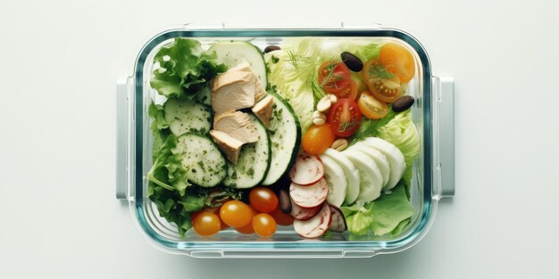 Un récipient de salade avec poulet, concombre, tomate et concombre.