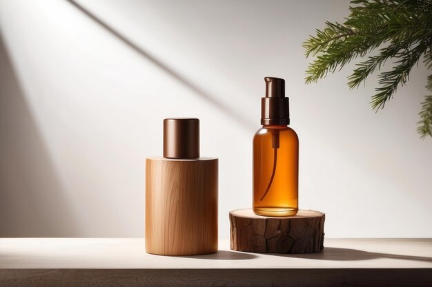 récipient de sérum texture de branche de bois pour la beauté modèle de mock-up minimal