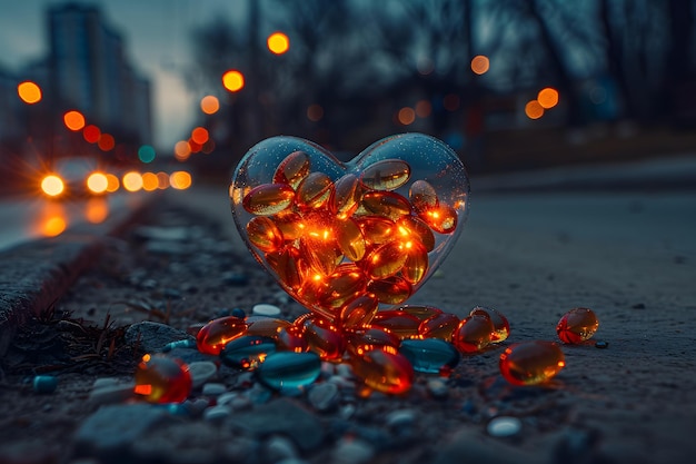 Photo un récipient en verre en forme de cœur avec des pilules au bord de la route