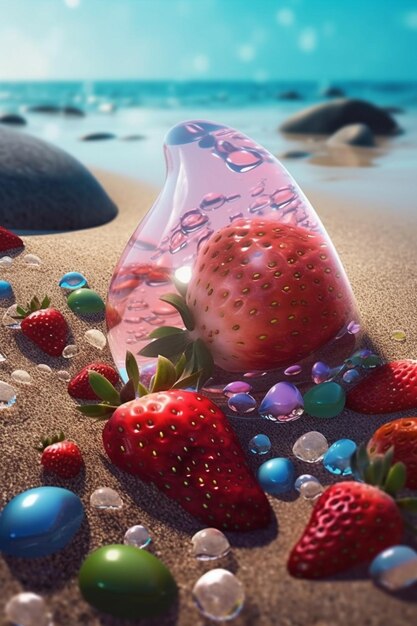 Un récipient en verre avec une fraise à l'intérieur se trouve sur une plage.