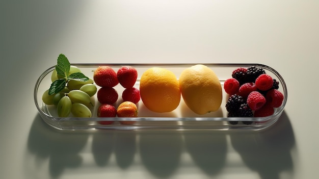 Un récipient en verre avec une variété de fruits dessus