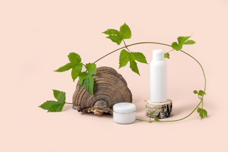Photo des récipients de cosmétiques sur un podium en bois entouré d'un buisson de houblon avec des feuilles et une boîte à poudre