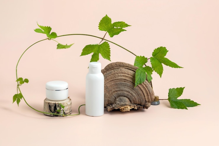 Photo des récipients de cosmétiques sur un podium en bois entouré d'un buisson de houblon avec des feuilles et une boîte à poudre