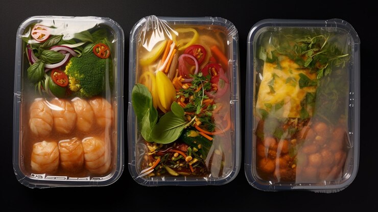 récipients en plastique avec différents aliments sur la table noire