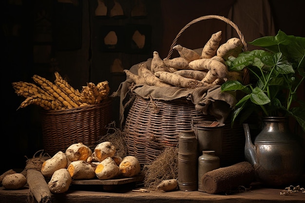 Une récolte abondante de racines de manioc Une scène rustique créée avec l'IA générative