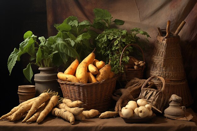 Une récolte abondante de racines de manioc Une scène rustique créée avec l'IA générative