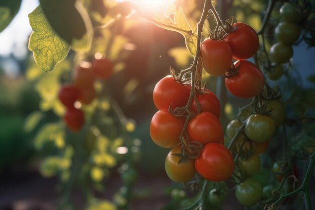 Récolte abondante de tomates mûres dans une ferme baignée de soleil du soir AI générative