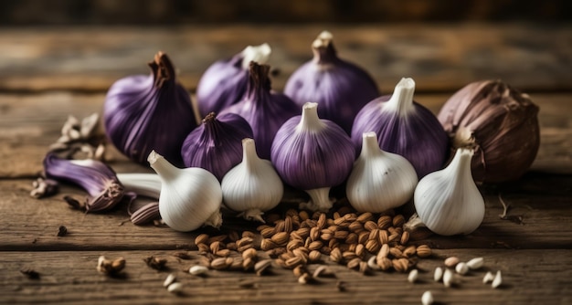 Récolte d'automne Bulbes et noix d'ail frais sur une surface en bois rustique