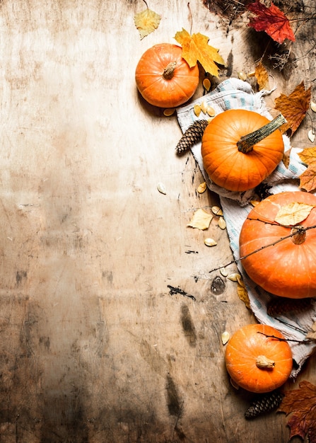 Récolte d'automne citrouille mûre avec des feuilles sur fond de bois