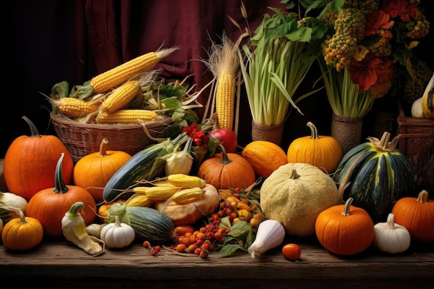 Récolte d'automne : citrouilles, courges, maïs et racines