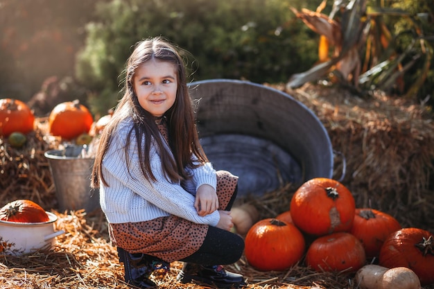 Récolte d'automne de citrouilles Enfant et citrouille orange au marché agricole ou au festival saisonnier Jolie petite fille jouant parmi les citrouilles Saison des fêtes de Thanksgiving et Halloween