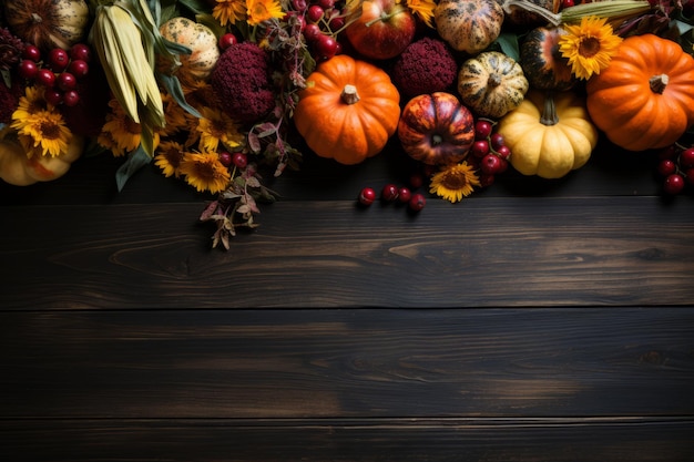 La récolte d'automne est plate, les citrouilles sont sur une table en bois, la bannière du jour de Thanksgiving est conçue par l'IA générative.