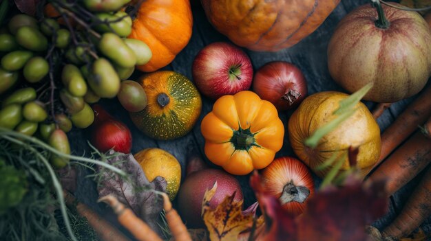 Photo la récolte d'automne des légumes et des fruits frais au marché des agriculteurs