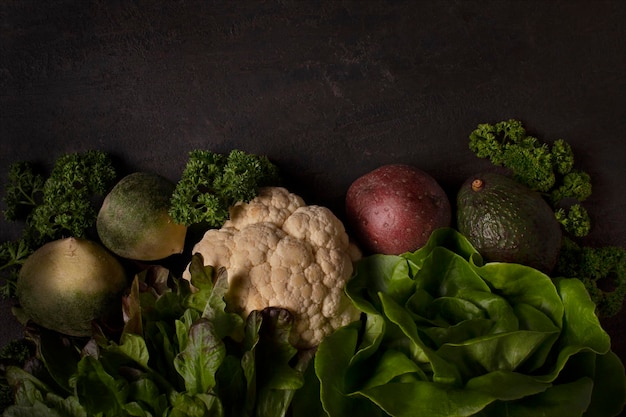 Récolte d'automne de légumes mûrs et de légumes verts du jardin espace de copie de photo sombre