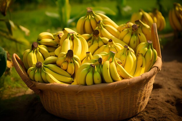 La récolte des bananes dans un panier la collecte de bananes fraîches dans le jardin