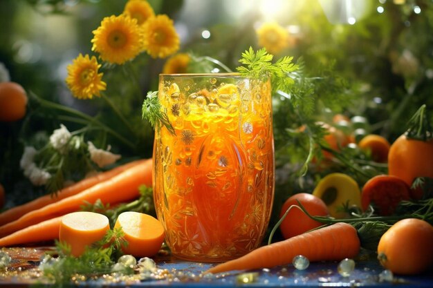 Une récolte de carottes vibrante et un jus de carottes heureux