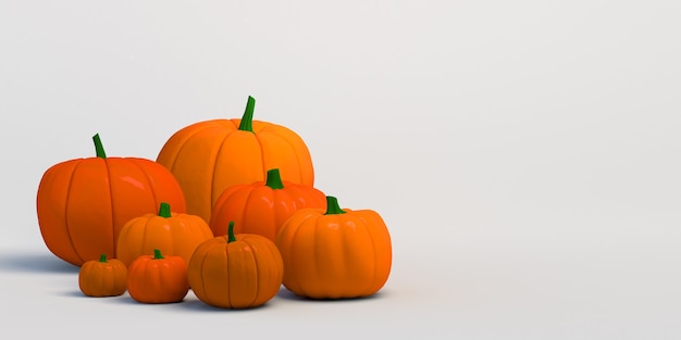 Récolte de citrouilles sur fond blanc. Bannière d'Halloween. illustration 3D.