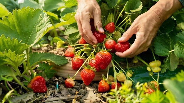 Photo la récolte de délicieux fraises biologiques