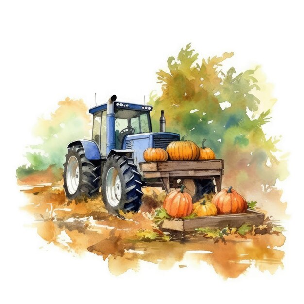 Photo la récolte du tracteur à la ferme est l'automne des citrouilles sur fond blanc