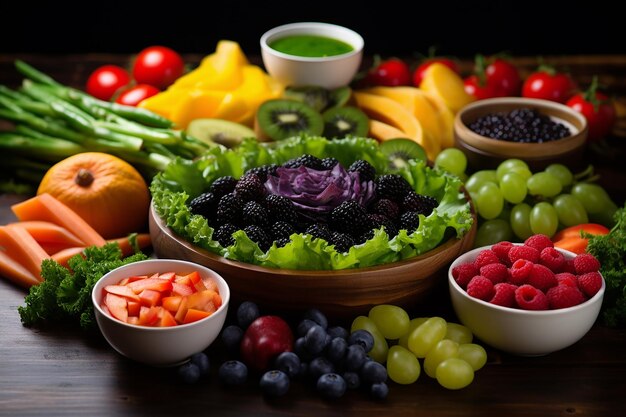 Une récolte éclatante de salades vertes et un assortiment de fruits colorés