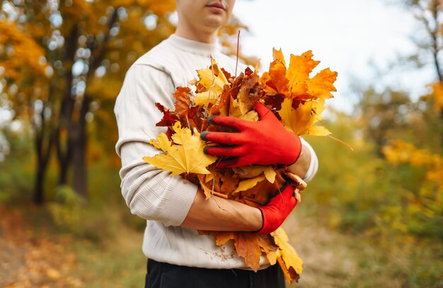 Récolte des feuilles d'automne L'homme nettoie le parc d'automne des feuilles jaunes Nettoyage bénévole