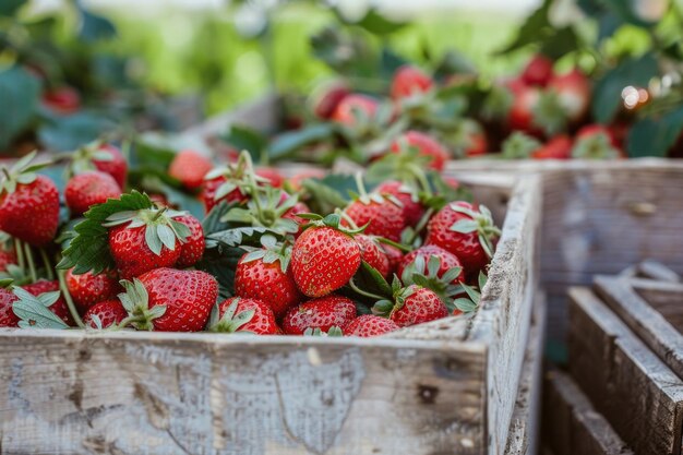 La récolte de fraises fraîches mûres dans une boîte en bois