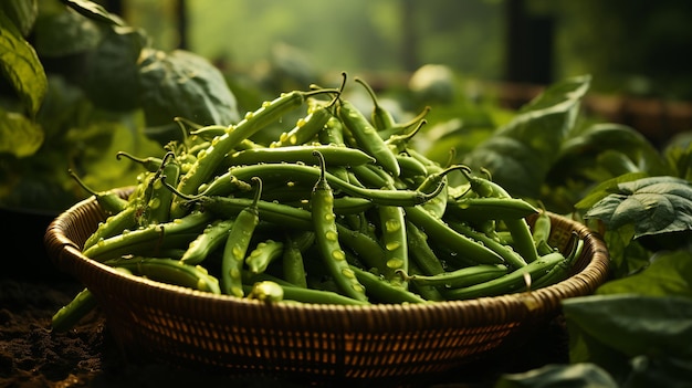 La récolte des haricots verts frais.