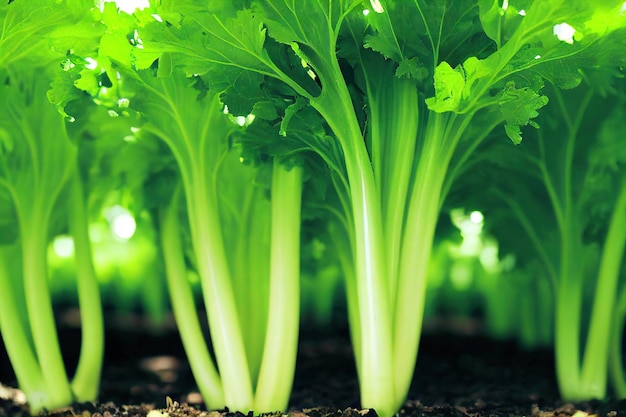 Récolte de jeune céleri dans le fond du sol agrandi avec de la verdure fraîche et lumineuse