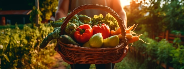 Récolte des légumes entre les mains d'un agriculteur masculin IA générative