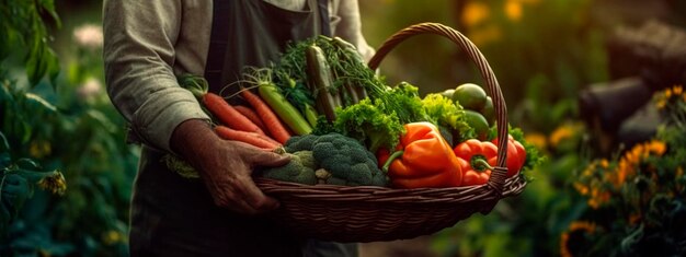 Récolte des légumes entre les mains d'un agriculteur masculin IA générative