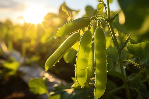 Récolte de pois frais mûrs et luxuriants dans une plantation moderne par une belle journée ensoleillée